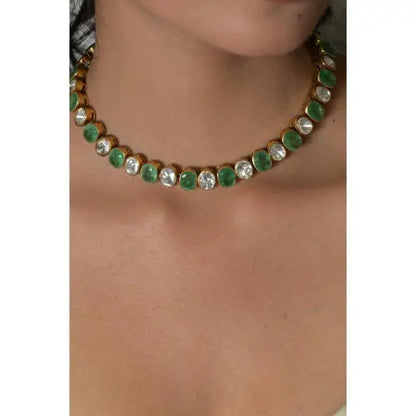 Green Trendy New Fashion Indian Bollywood Traditional Crystal Wedding Choker Brass Necklace Copper Alloy Bridal Jewellery Set