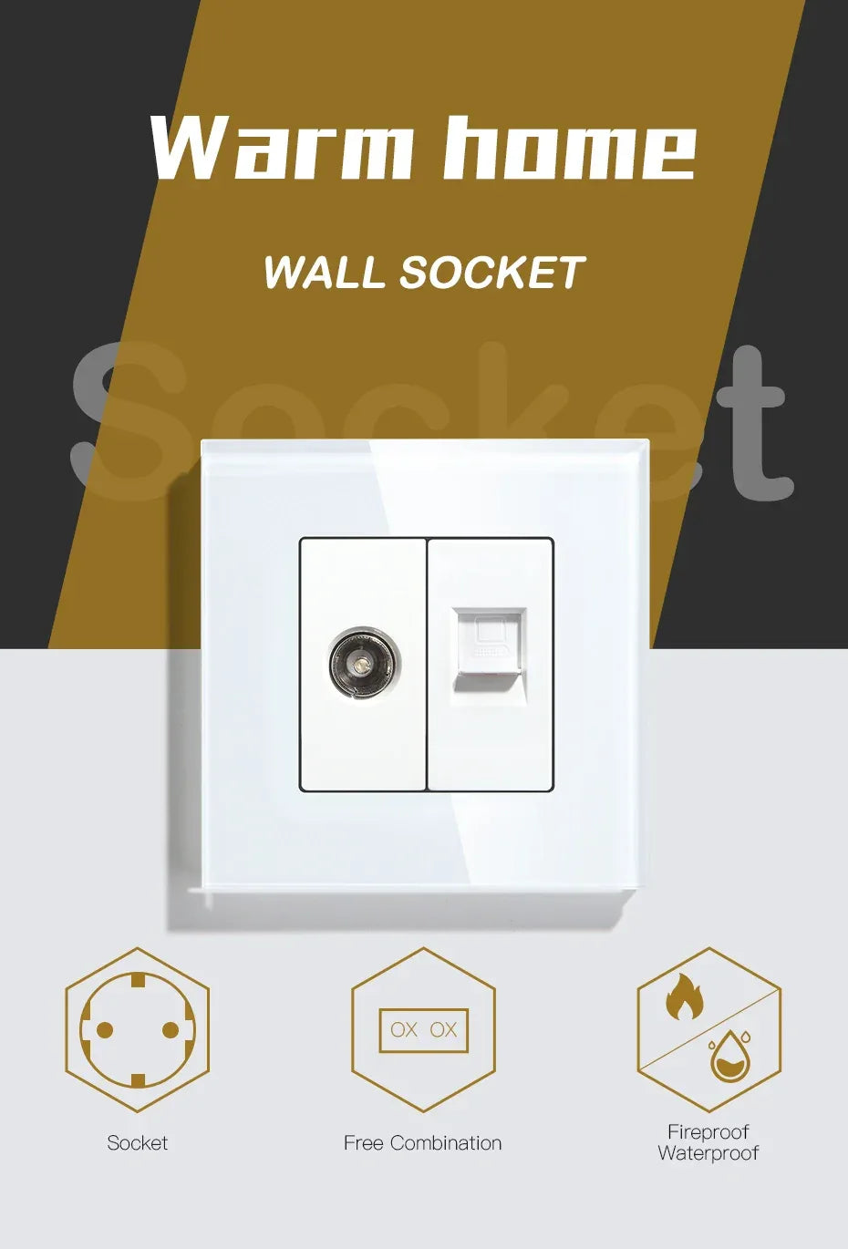 BSEED Single TV CAT5 Internet Socket Double EU Power Socket Triple Germany  With RJ45 Television Wall Sockets Glass Frame
