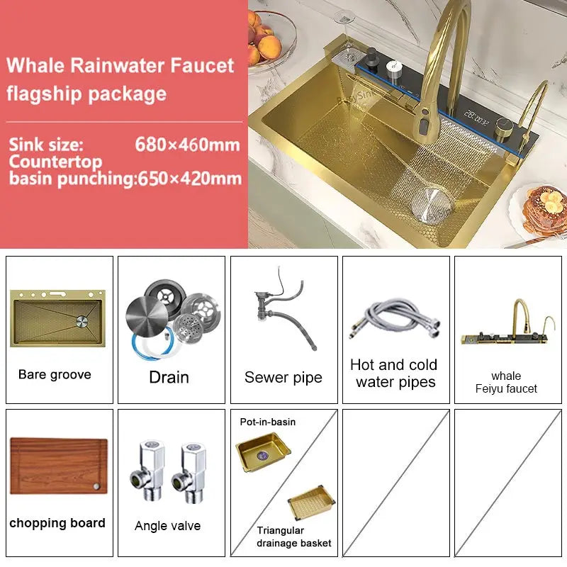 Multifunctional Stainless Steel Kitchen Sink Digital Display Faucet Stain Scratch Resistant Large Single Slot Wash Dish Basin