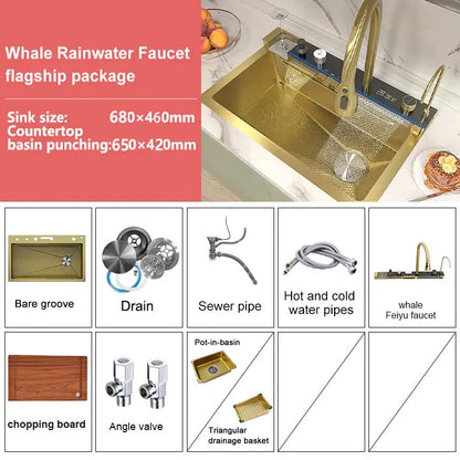 Multifunctional Stainless Steel Kitchen Sink Digital Display Faucet Stain Scratch Resistant Large Single Slot Wash Dish Basin