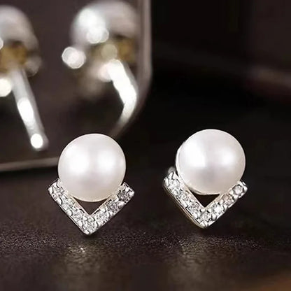 White Gold Faux Pearl Stud Earrings With Crystal Geometric Design For Women Wedding Classic Style Silver Metal