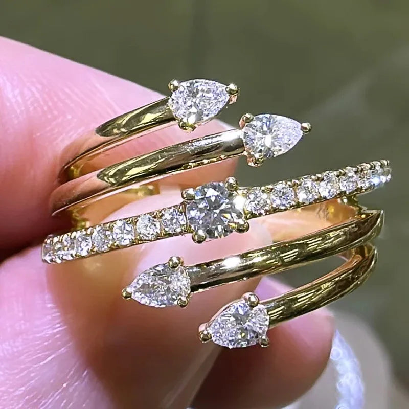 T0024 Women's Diamond Engagement Ring Pear Shape Prong Setting Natural Stone Fashion Rings