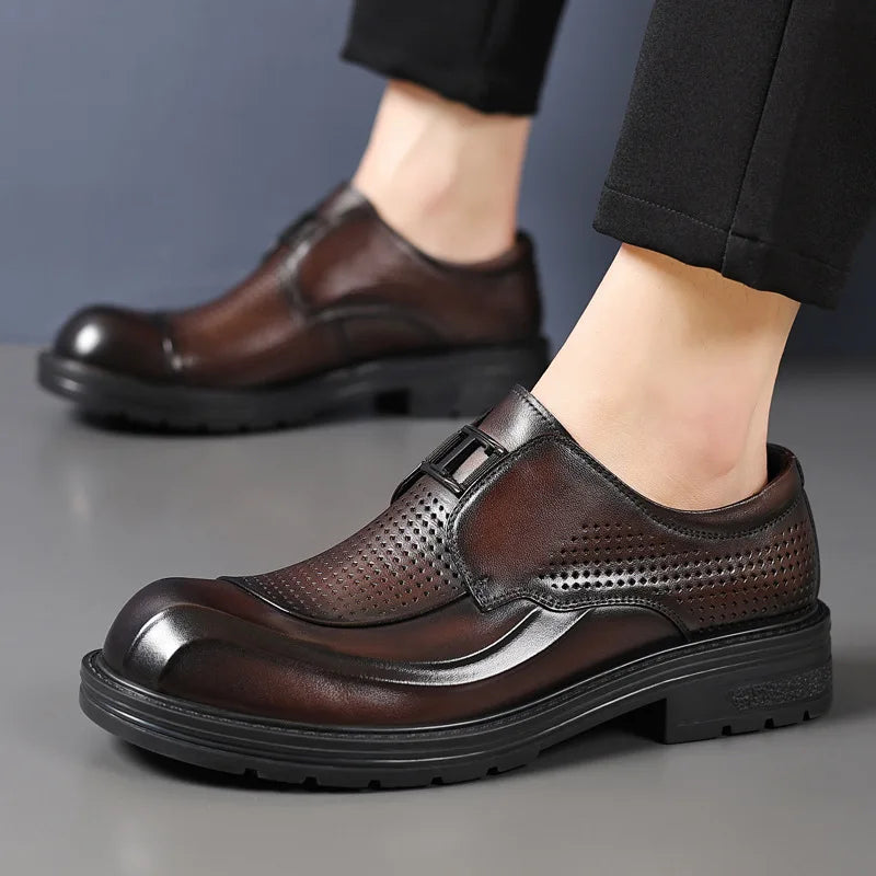 Leather Slip-On Men's Summer Shoes Round Toe Breathable Perforated Thick Sole Business Casual Boat Shoes