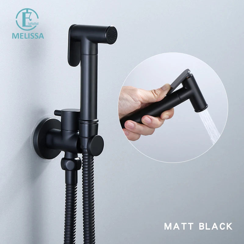 Melissa Modern Hotel Use Wall-Mounted Black Brass Toilet Bidet Sprayer Set with Vertical Spray and Water Saving Features