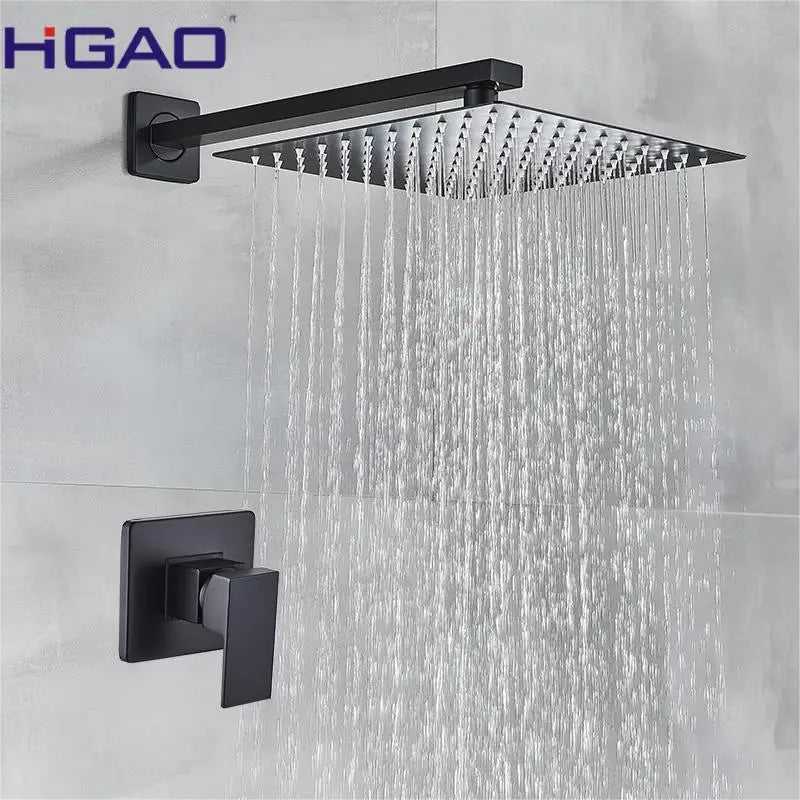 Matte Black Brass Wall-Mounted Rainfall Shower Mixer Chrome-Finished In-Wall Metered Shower Head Polished Inverted Faucet System