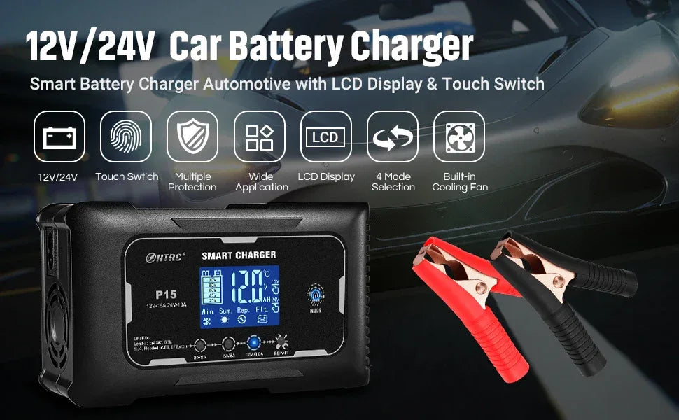 HTRC 12V/24V 15A/20A Car Battery Charger Smart Charger for Lead-Acid PB LiFePO4 Battery 7-Stage Automatic Car Motorcycle Charger