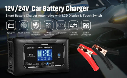 HTRC 12V/24V 15A/20A Car Battery Charger Smart Charger for Lead-Acid PB LiFePO4 Battery 7-Stage Automatic Car Motorcycle Charger