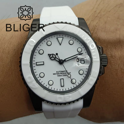 BLIGER 40mm NH35A Automatic Watch for Men White Ceramic Bezel Black  Case Green Luminous Date Magnified Rubber Strap
