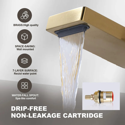 Brushed Gold Vessel Sink Faucet 2 Handles Basin Mixer Tap Rough in Valve Included, 3 Holes Bathroom Faucet Wall Mount