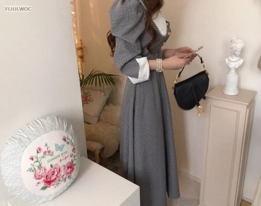 2021 Autumn Spring Basic Belt Plaid Shirt Dress Long Maxi Feminine Vestidos Chic Korea Design Clothes