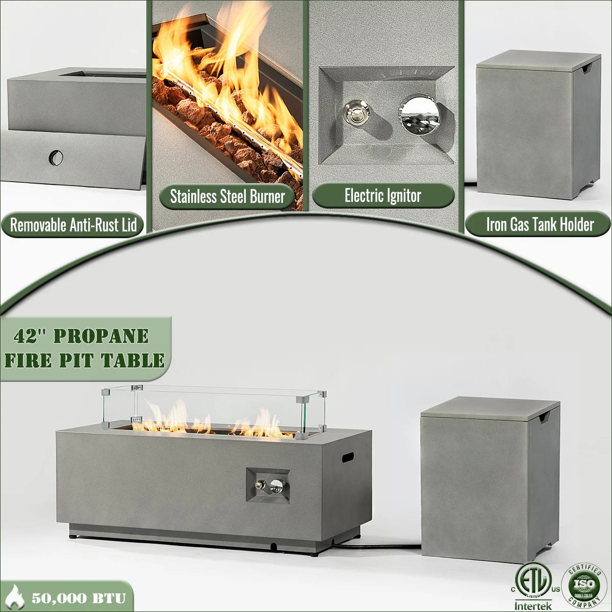 42" Natural Gas Fire Pit Table 2-Piece 50000 BTU Rectangular Corten Steel Glass Wind Guard Eco-Friendly Patio Deck Garden