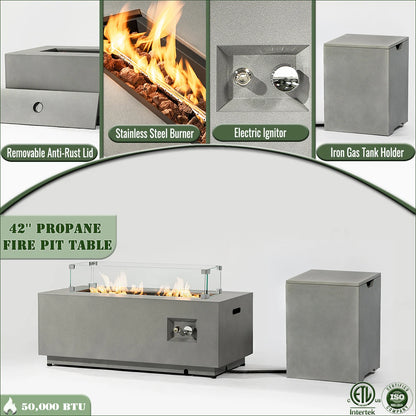 42" Natural Gas Fire Pit Table 2-Piece 50000 BTU Rectangular Corten Steel Glass Wind Guard Eco-Friendly Patio Deck Garden