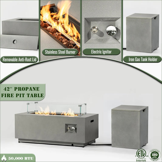42" Natural Gas Fire Pit Table 2-Piece 50000 BTU Rectangular Corten Steel Glass Wind Guard Eco-Friendly Patio Deck Garden