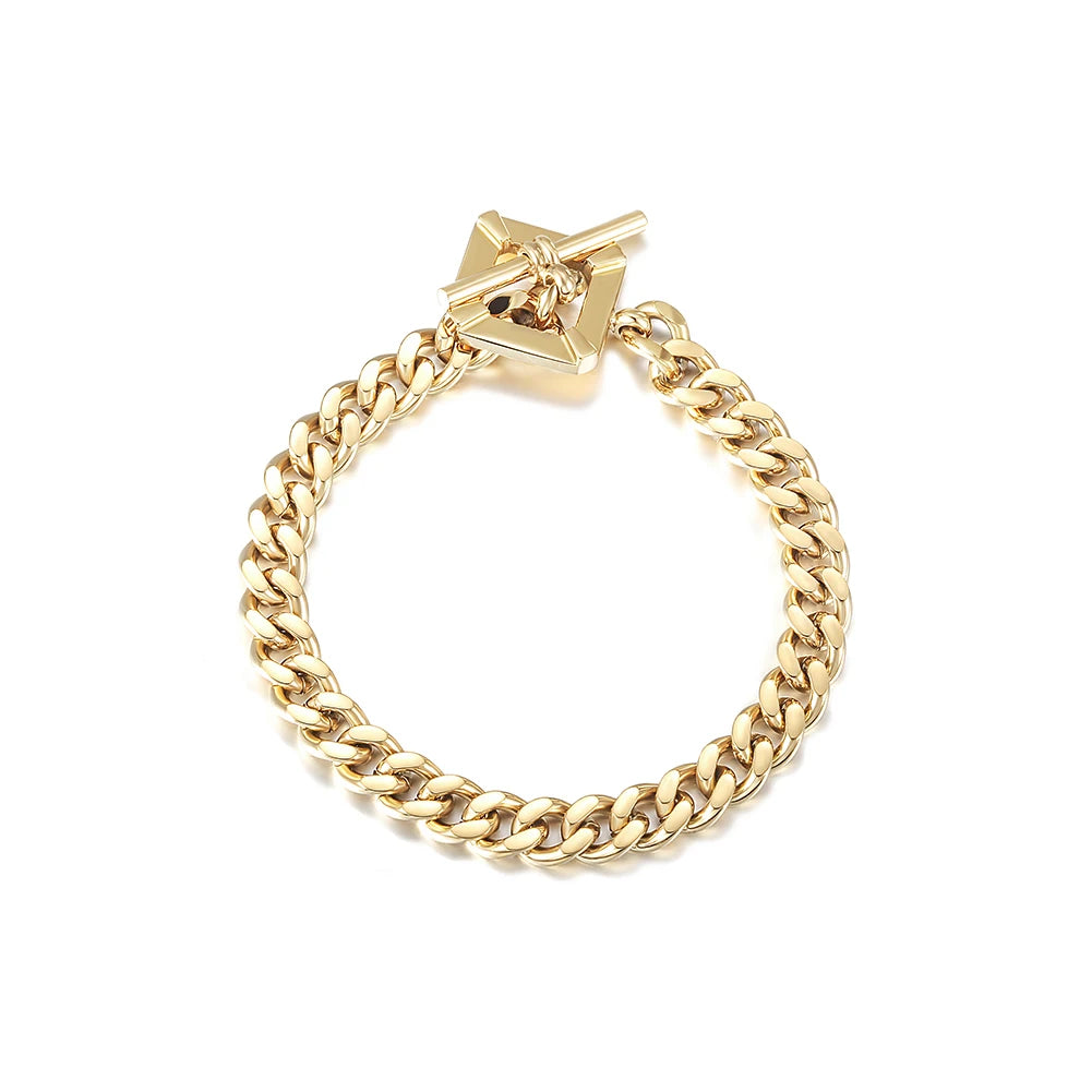 OT Buckle Square Toggle Clasp Cuban Link Chain Gold Plated Stainless Steel Bracelet for Women
