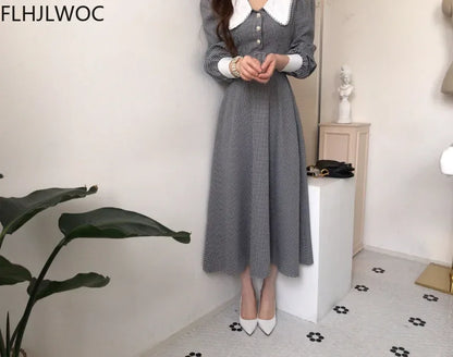 2021 Autumn Spring Basic Belt Plaid Shirt Dress Long Maxi Feminine Vestidos Chic Korea Design Clothes