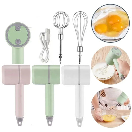 USB Rechargeable 3-in-1 Mini Portable Electric Kitchen Hand Mixer Wireless Garlic Chopper Cordless Whisk for Car Cordless