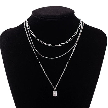 New Fashion Geometric Multi-Layer Stacked Women's Copper Electroplated Square Pendant Necklace