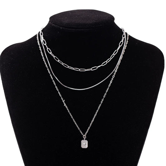 New Fashion Geometric Multi-Layer Stacked Women's Copper Electroplated Square Pendant Necklace