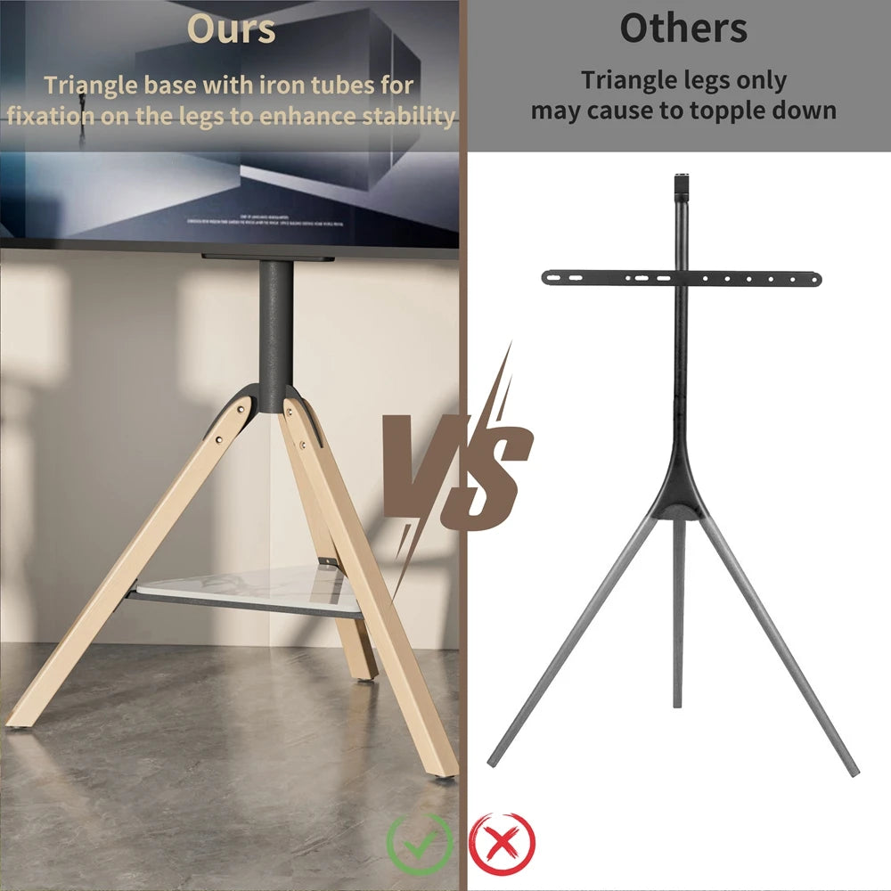 Wood Corner Tripod TV Stand for 40-75 Inch Swivel Height Adjustable with Sintered Stone Shelf