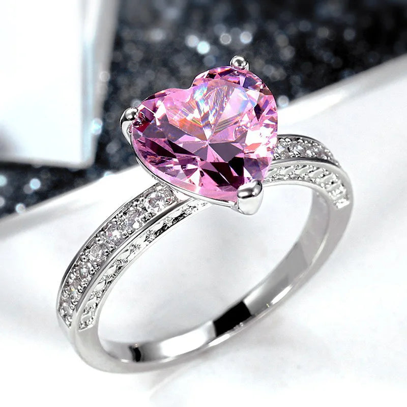 Q245 Heart Crystal & Rhinestone Ring 925 Silver Pave Setting Prong Engagement Women's Gemstone Ring