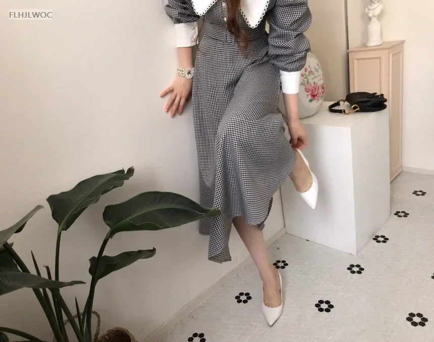 2021 Autumn Spring Basic Belt Plaid Shirt Dress Long Maxi Feminine Vestidos Chic Korea Design Clothes