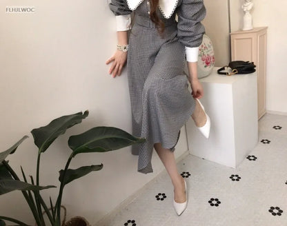 2021 Autumn Spring Basic Belt Plaid Shirt Dress Long Maxi Feminine Vestidos Chic Korea Design Clothes