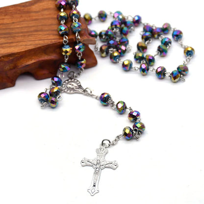 Rosary Cross Necklace Catholic Crystal Religious Beads Chain Children's Rosary Large Catholic Blue Young Bomb Party Jewelry