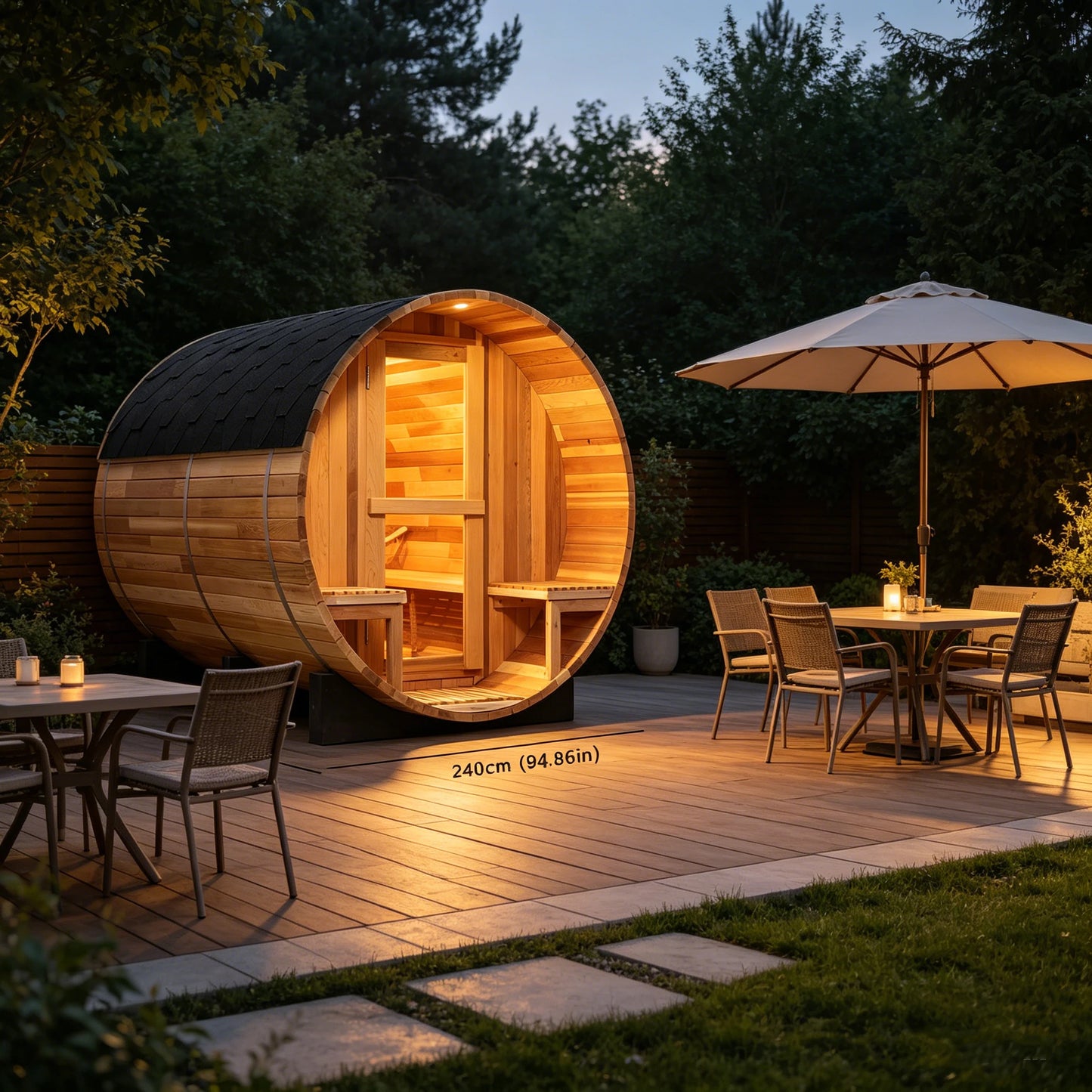 Premium Red Cedar Barrel Sauna - 6 Person Outdoor Steam Sauna with Asphalt Roof & Front Porch