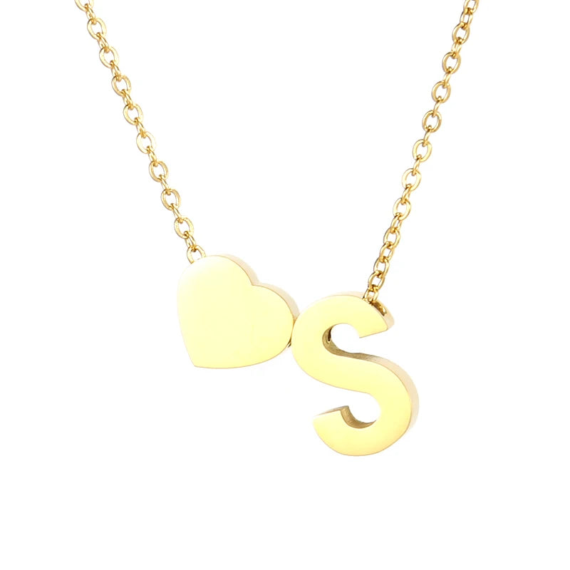 A-Z Alphabet Choker Personalized Style Tiny Heart with Initial Letter Necklace for Women 18K Gold Stainless Steel Jewelry