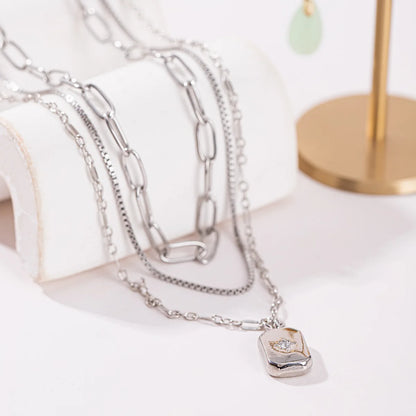 New Fashion Geometric Multi-Layer Stacked Women's Copper Electroplated Square Pendant Necklace