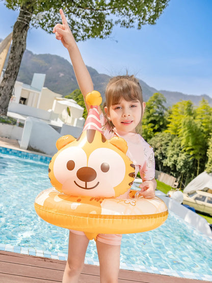 Animal Tiger Design Kids Seating Swim Ring Eco-friendly PVC Inflatable for Water Sport Orange Color Boys & Girls with Handle