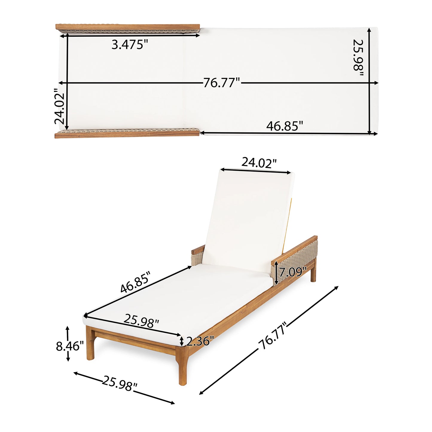 Modern Solid Acacia Wood Outdoor Sun Lounger Polyester Beige Light Grey Cushions Durable Frame Tilting Feature Patio Leisure
