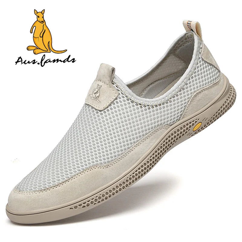 Lightweight Men's Kangaroo Logo Genuine Leather Casual Sport Slip-On Sandals Breathable Soft Fabric Summer Walking Style Shoes