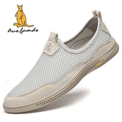 Lightweight Men's Kangaroo Logo Genuine Leather Casual Sport Slip-On Sandals Breathable Soft Fabric Summer Walking Style Shoes