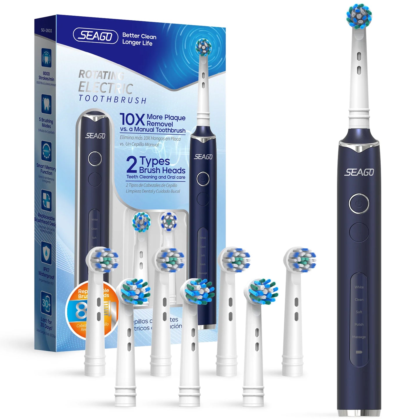 SEAGO Rotating Electric Toothbrush 30 Days Lasting Adults Smart Tooth Brush 8000 Strokes/Min 700mAh Lithium Battery IPX7 SG2603