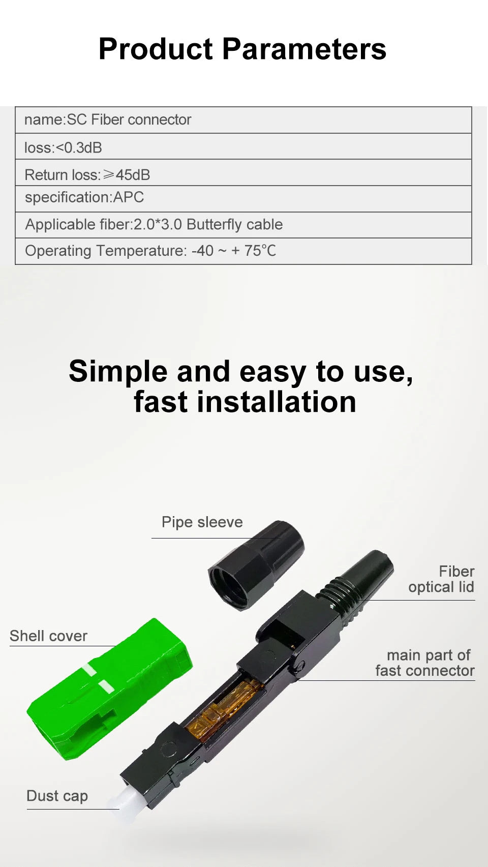ONTi 50-400pcs SC APC Fiber Optic Fast Connector Single Mode Fiber Optic Adapter FTTH Fiber Quick Connector Field Assembly