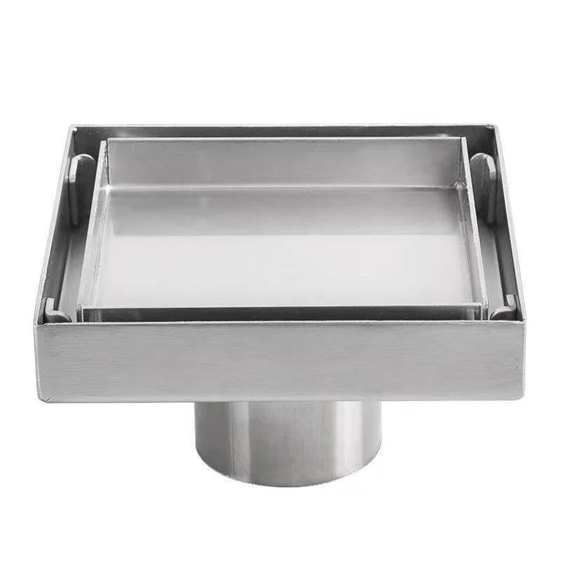 Brushed 4-Inch Square Stainless Steel Shower Floor Drain Invisible Brushed Grate Cover Strainer Tile Insert Bathroom Drainer
