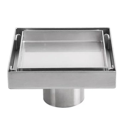Brushed 4-Inch Square Stainless Steel Shower Floor Drain Invisible Brushed Grate Cover Strainer Tile Insert Bathroom Drainer
