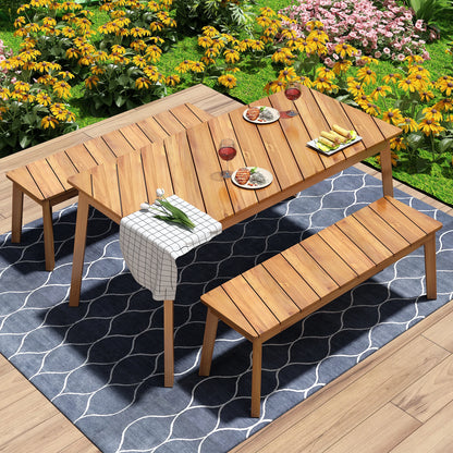 3-Piece Modern Oak Wood Dining Set with 2 Benches Portable Outdoor & Indoor Furniture for 6