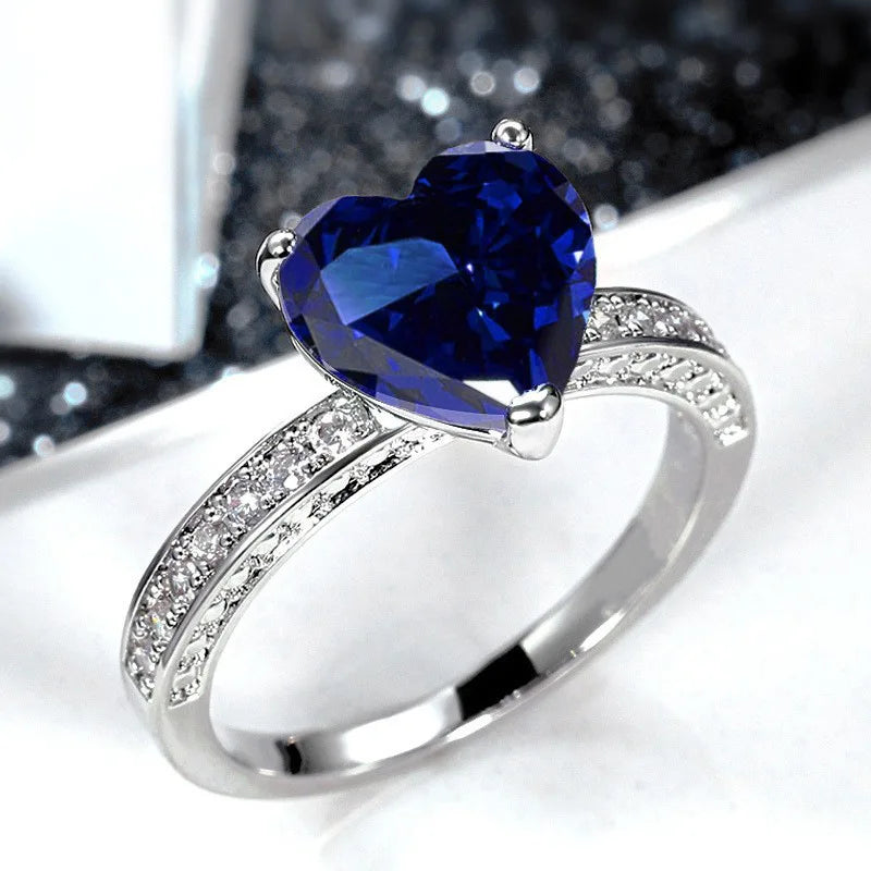 Heart Cut Sapphire Engagement Ring For Women, 925 Silver Gemstone Ring With Pave Setting, Romantic Style Q186 Blue