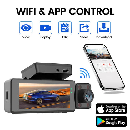Fuallwin 3.16 Inch Touch Screen Car Dashcam DVR 3 Lens 170 Degree 4K Dash Camera Built-in GPS WiFi