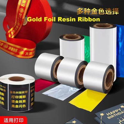 Red Gold Metallic Foil Barcode Printer Ribbon 30-110mm Inked Ribbon Roll Thermal Transfer Film for Gift Bag/Tea Bag/Card