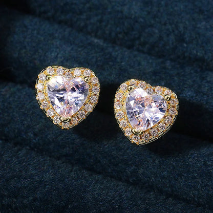 Lucky Brand Gold Heart Crystal & Rhinestone Stud Earrings 925 Silver Claw Setting Romantic Wedding Jewelry for Women