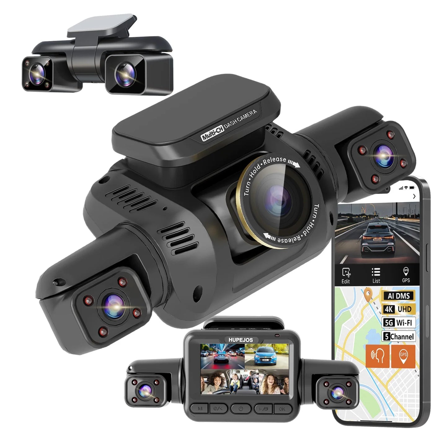 5 Channel Dash Cam Front Rear Left Right Car DVR 4K Dash Cam 360° Dash Cam Car Black Box with AI DMS 5G WiFi GPS CPL
