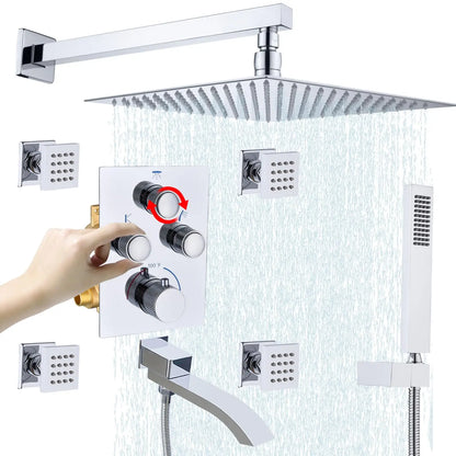 Thermostatic Shower System Full Coverage Rainfall Jet Shower Set Slide Bar Wall Mounted Brushed Nickel Finish for Apartment Use