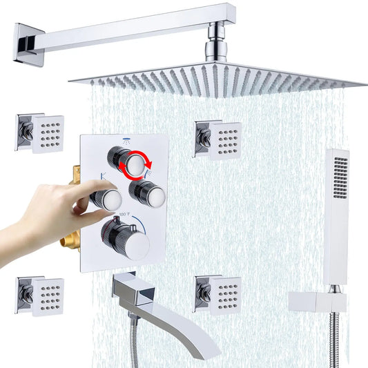 Thermostatic Shower System Full Coverage Rainfall Jet Shower Set Slide Bar Wall Mounted Brushed Nickel Finish for Apartment Use by PDG ibma