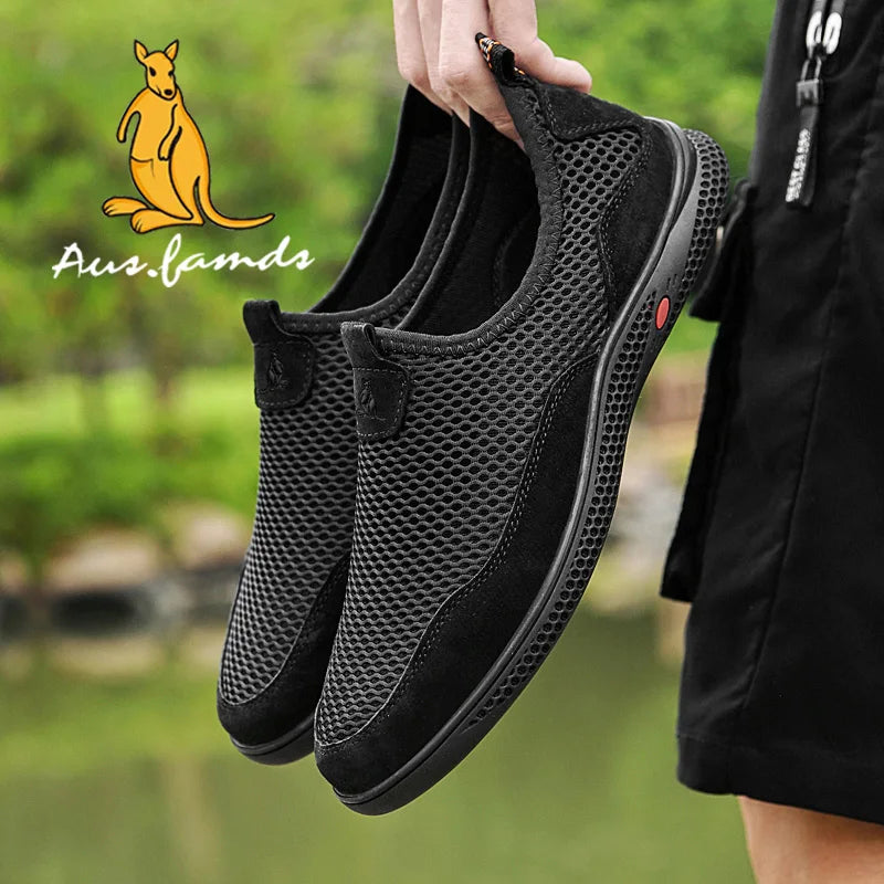 Lightweight Men's Kangaroo Logo Genuine Leather Casual Sport Slip-On Sandals Breathable Soft Fabric Summer Walking Style Shoes