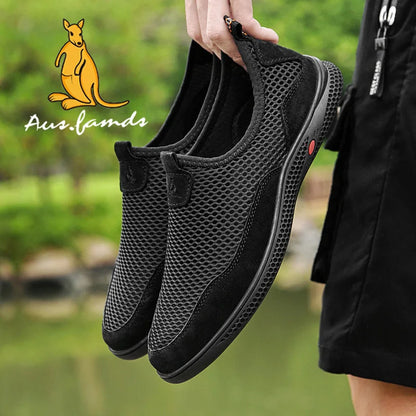 Lightweight Men's Kangaroo Logo Genuine Leather Casual Sport Slip-On Sandals Breathable Soft Fabric Summer Walking Style Shoes