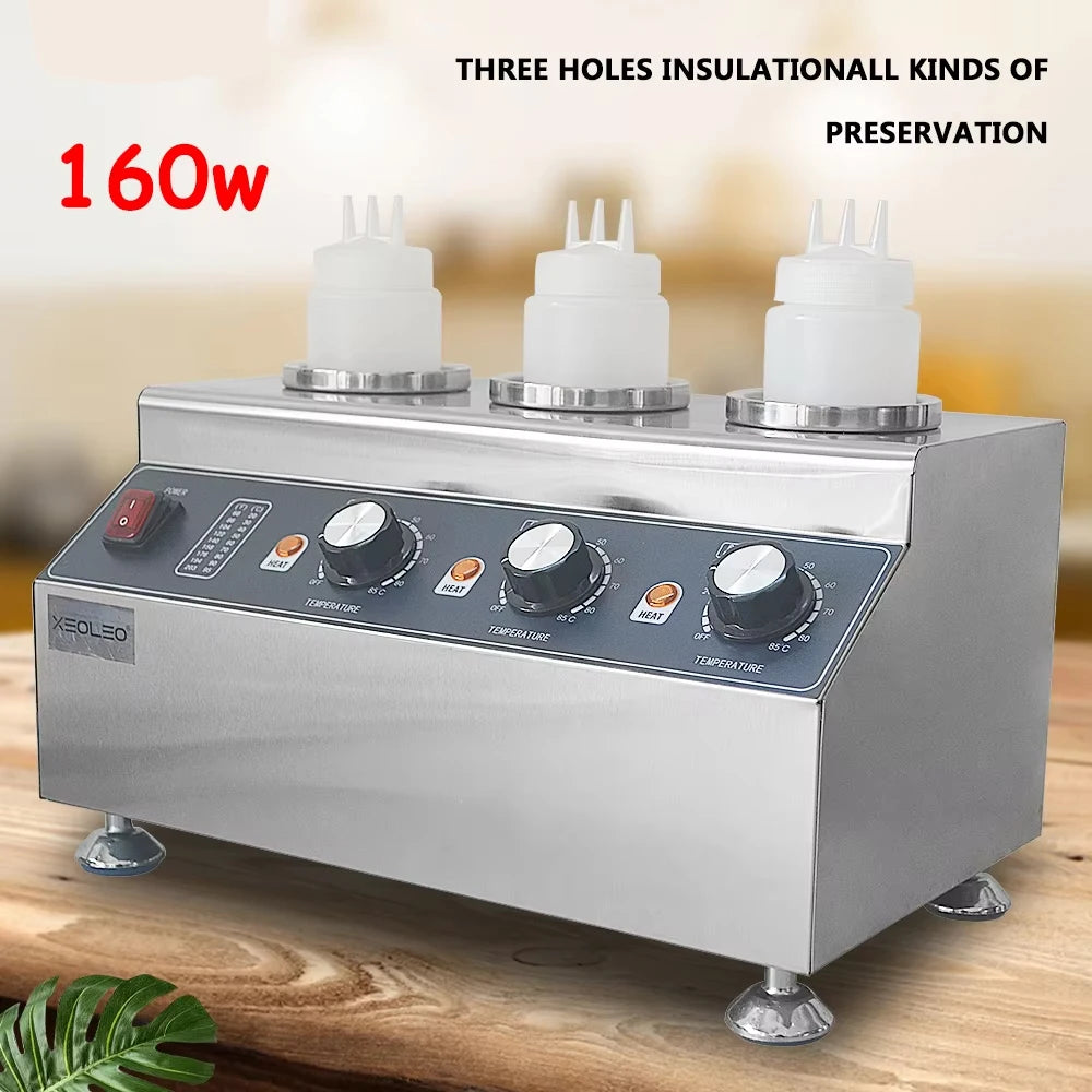 XEOLEO Commercial 3 Bottles Chili Fudge Cheese Warmer Electric Sauce Dispenser Stainless Steel Commercial Sauce Squeeze Warmer
