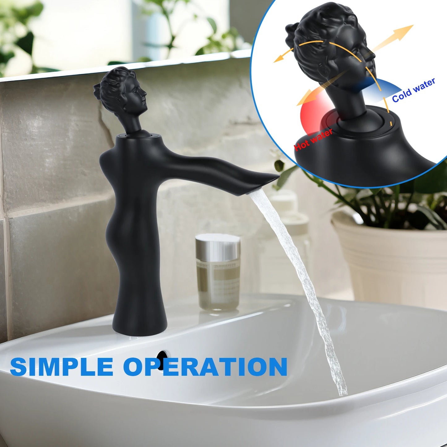 Brass Matte Black Thermostatic Vessel Sink Faucet-Vintage Statue Design Single Handle Tall Spout for 1 Hole Deck Mount